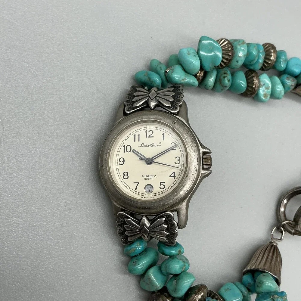 Eddie Bauer V173 Womens Watch 27mm Turquoise Beaded 925 Bracelet New Battery